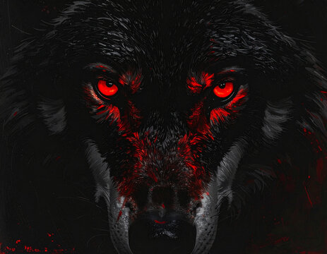 Fierce Black Wolf with Glowing Red Eyes