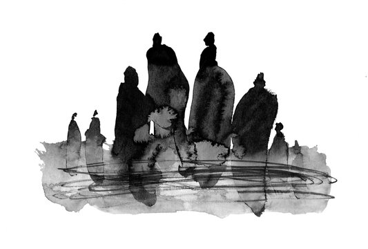 Monochrome sumi ink painting on paper of miscellaneous city people silhouettes