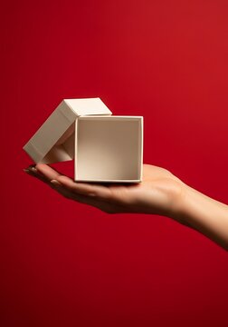 Hand Holding Open Empty Gift Box on Red Background