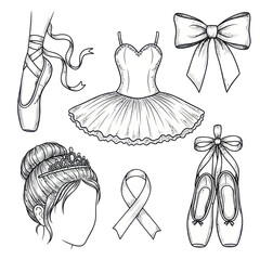 Ballet Dancer's Essentials: Pointe Shoes, Tutu, Tiara, and Ribbon Drawing © jambu