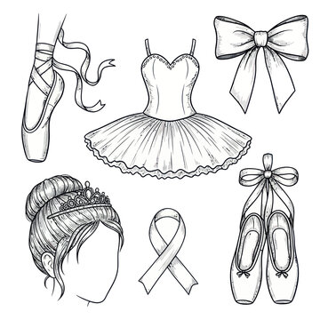 Ballet Dancer's Essentials: Pointe Shoes, Tutu, Tiara, and Ribbon Drawing