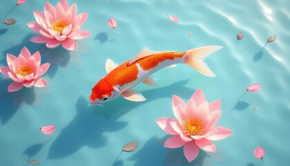 Naklejka premium One vibrant orange and white koi fish swims in calm blue water. Pink lotus flowers float on surface. Peaceful Japanese garden scene, serene nature illustration with aquatic life and flora.