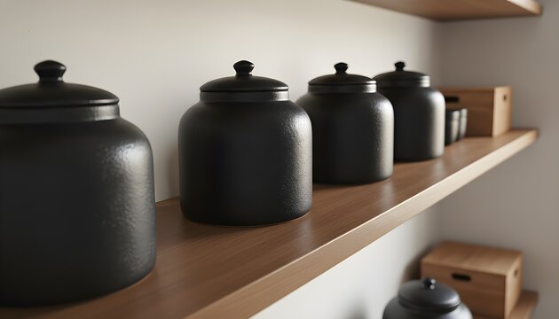 Row of black ceramic kitchen storage jars with lids on a wooden shelf in a minimalist modern interior; Dutch tilt angle close-up of pantry canisters with shallow depth of field.