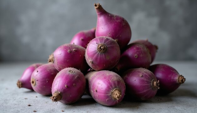 Pile of raw ube purple yams on grey background. These tubers have dusty skin and vibrant purple hue. Ready for cooking in Filipino cuisine or as a healthy ingredient.