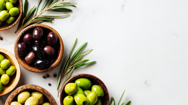 Top view of assorted green and black olives in wooden bowls with fresh rosemary