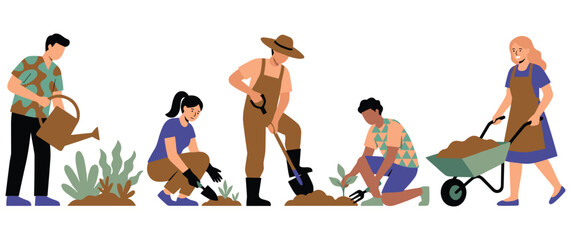 People gardening together with plants and tools in flat design style. © Ojufa