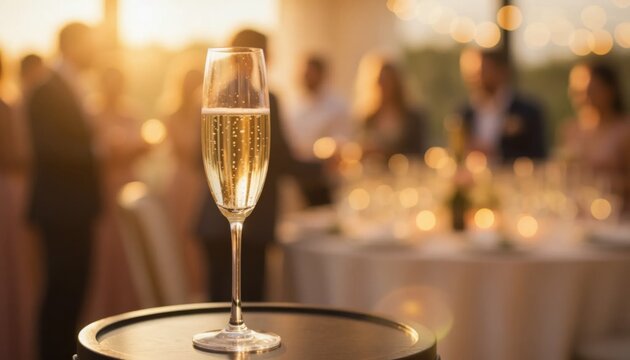 A single glass of champagne sparkles in the golden hour light at an outdoor celebration with blurred guests and festive bokeh in the background.