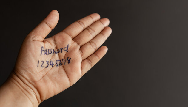Password written on hand, weak security concept, cybersecurity risk