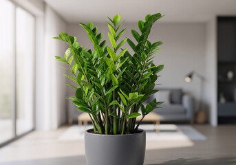 Fototapeta premium Lush Green Potted ZZ Plant in Modern Minimalist Living Room Interior Design