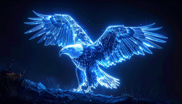 Glowing blue eagle with spread wings on dark background