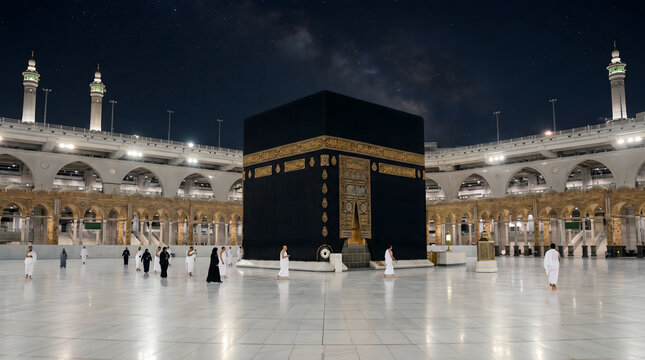 Night Scene of Holy Kaaba with Thousands of Muslim Worshipers