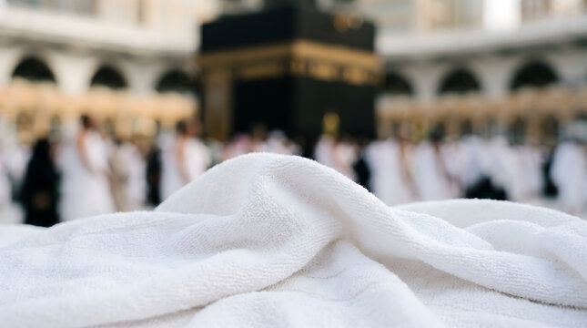 Close Up of White Ihram Fabric with Kaaba at Night Background