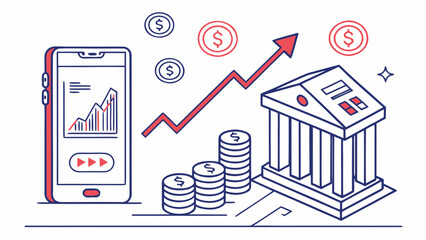 Obraz premium Financial Growth and Investment Concept, Showing a Mobile App with Analytics, Stacked Coins, and a Bank Building with an Upward Trend Arrow