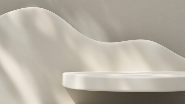 Abstract wave wall podium for skincare and cosmetic product showcase in elegant studio setup.