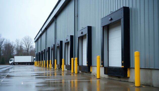 Commercial building loading docks with trucks parked on wet asphalt lot. Industrial warehouse bay doors ready for freight transport, logistics operations. Supply chain infrastructure, distribution