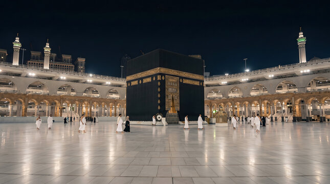 Night View of Illuminated Kaaba and Mosque Architecture in Makkah