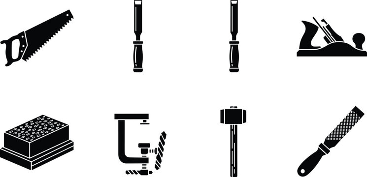 Carpentry tools collection featuring wood saw chisel hand plane rasp file and heavy mallet for woodworking craft.