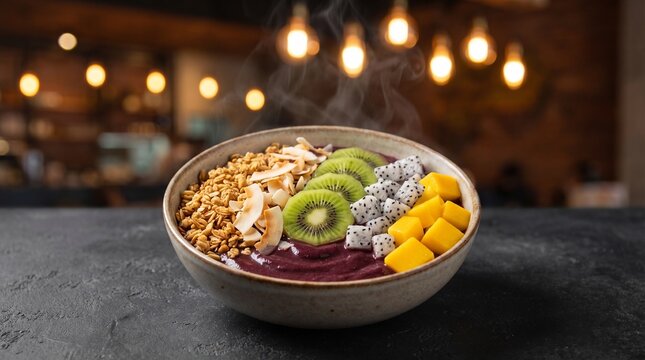 American Breakfast Aca? Bowl with Granola, Coconut Flakes, Kiwi, Dragon Fruit a