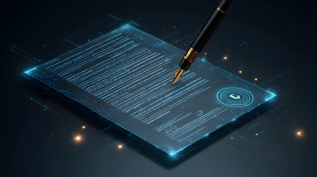 Digital smart contract being signed with fountain pen on glowing blue holographic paper.