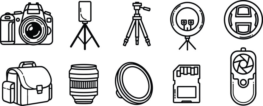 Comprehensive photography gear collection featuring a camera, tripod, lens, ring light, and memory card.