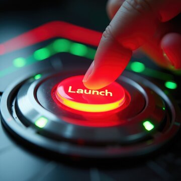 Finger presses bright red launch button. Futuristic interface glows with green lights. Start new project, business or event. Make big decision.