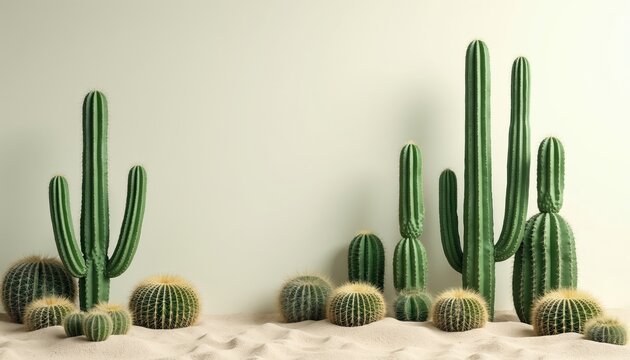 Group of various green desert cacti plants sit on light sand against plain wall. Different sizes and shapes cacti are displayed in a row. Still life arrangement.