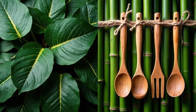 Green leaves paired with bamboo and wooden kitchen utensils. Natural eco textures for culinary branding menu design or food lifestyle background. Sustainable organic cooking tools.