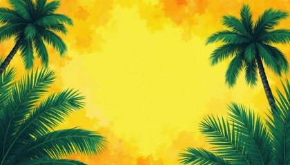 Fototapeta premium Palm trees with green fronds against bright yellow sky. Tropical leaves frame empty space for text. Summer beach scene illustration evokes vacation and sunny day.