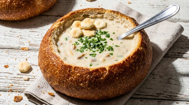 American Lunch Food New England Clam Chowder in Sourdough Bread Bowl with Oyster