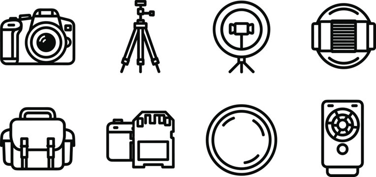 Photography equipment icons camera tripod ring light lens and bag for videography and content creation set.