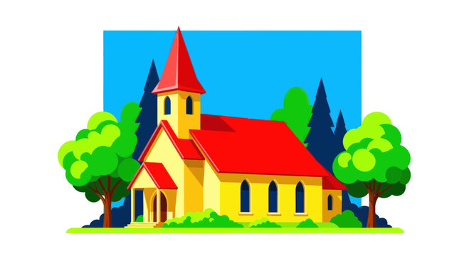 Charming Yellow Church with Red Roof and Green Trees, Isolated on White