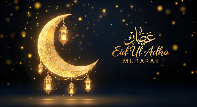 Eid Ul Adha Mubarak greeting with crescent moon and lanterns