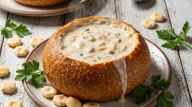 American Lunch Food New England Clam Chowder in Sourdough Bread Bowl with Oyster