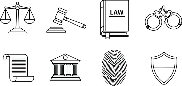 Set of eight law and justice outline icons for website, app, and print. vector illustration on transparent background.