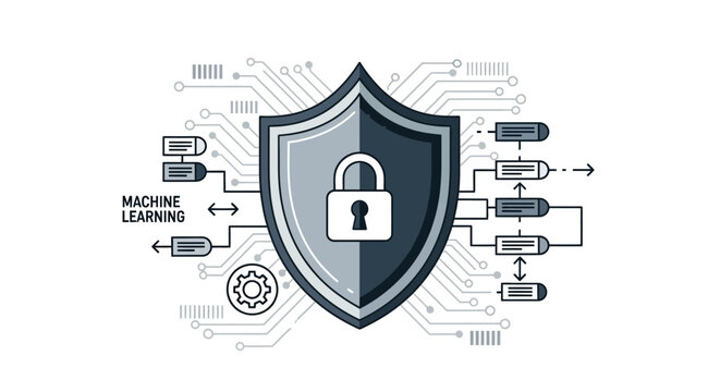 Machine learning cybersecurity shield concept.