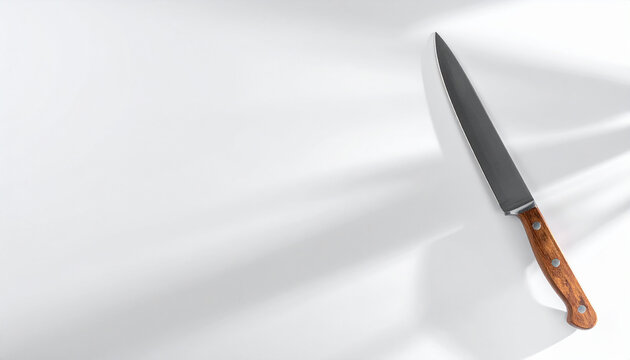 Long sharp kitchen knife with wooden handle on white surface with light and shadow