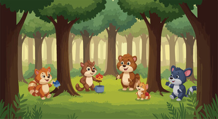 Cartoon forest animals vector illustration, cute woodland creatures in a sunny glade, friendly squirrel and bear characters in a green summer woods © Qarshi Stock