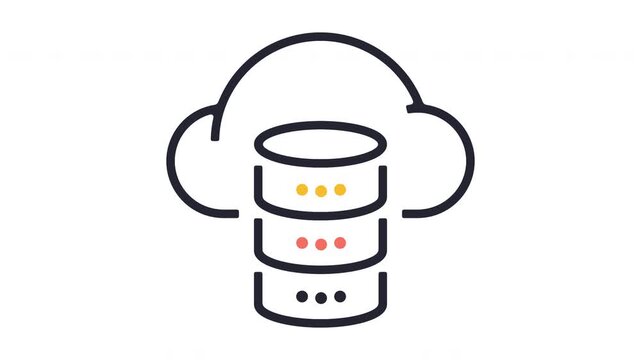 Animated cloud database icon appears and changes with colorful dots, representing cloud computing and data storage motion graphics.