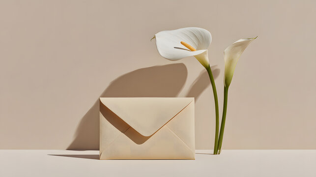 Elegant light beige envelope with two white calla lilies on a neutral background.