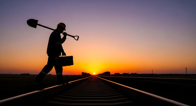 A worker celebrates Labour Day by walking along train tracks at sunset with tools and a briefcase, marking Workers' Day with a sense of accomplishment and pride.