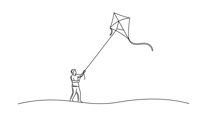 Continuous Line Art Illustration of a Boy Flying a Kite