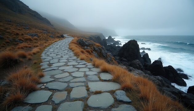 Winding stone path leads along rocky coast beside blue ocean waves. Dry grass grows on hill. Misty fog covers distant landscape. Moody seascape inspires adventure, quiet contemplation on nature