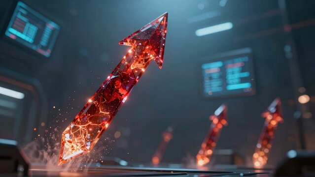 Cinematic Red Glowing Growth Arrow in Futuristic Tech Background