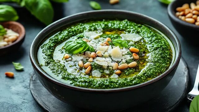 smooth basil pesto served in a simple dish