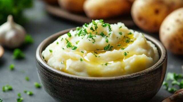 potato and celery root puree in a rustic dish