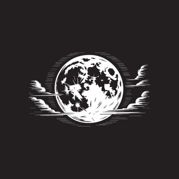 Full moon with clouds in a stylized etching against a dark background