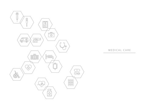 医療に関するアイコンを六角形のフレームに入れて散りばめた白とグレーの背景素材