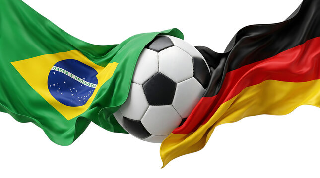 Brazil and Germany flags with soccer ball on black background