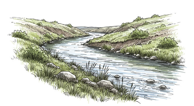 Vintage hand drawn river landscape vector, scenic valley with flowing water and grassy hills, rustic nature sketch with rocks and bushes