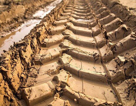 A close-up of a muddy tire track with deep treads